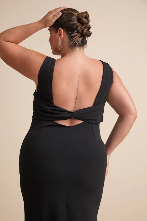 Gorgeous for women Black Crepe Sleeveless Twist-Back Cutout Mermaid Maxi Dress Prom Dress (Plus Size Available)