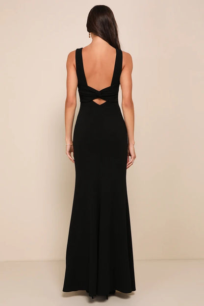 Gorgeous for women Black Crepe Sleeveless Twist-Back Cutout Mermaid Maxi Dress Prom Dress (Plus Size Available)