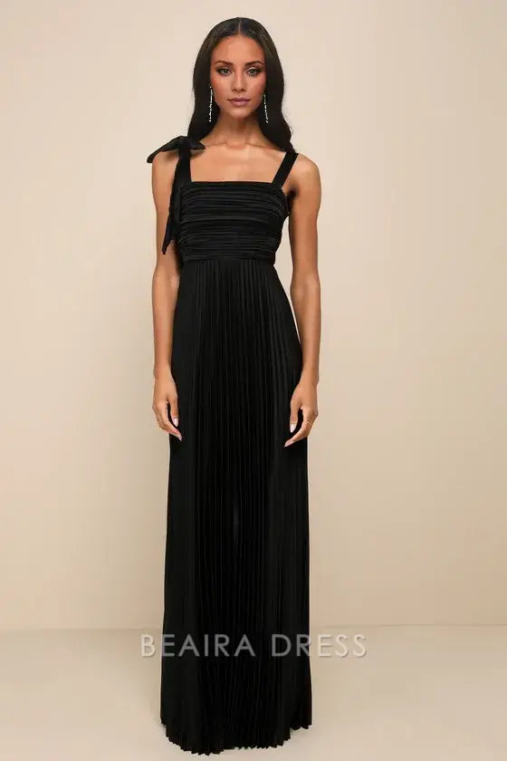 Gorgeous for women Black Pleated Sleeveless Square Neck Ruched Bodice Bow-Accent Maxi Dress Prom Dress
