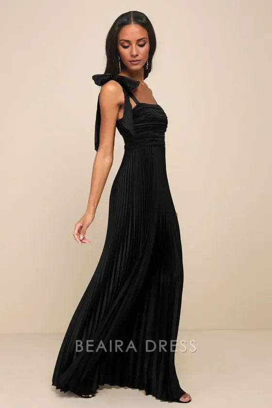 Gorgeous for women Black Pleated Sleeveless Square Neck Ruched Bodice Bow-Accent Maxi Dress Prom Dress