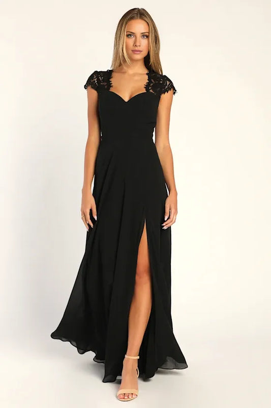 Gorgeous for women Black Plus Size Lace-Trimmed Sweetheart Neck Open Back High-Slit Maxi Dress Prom Dress