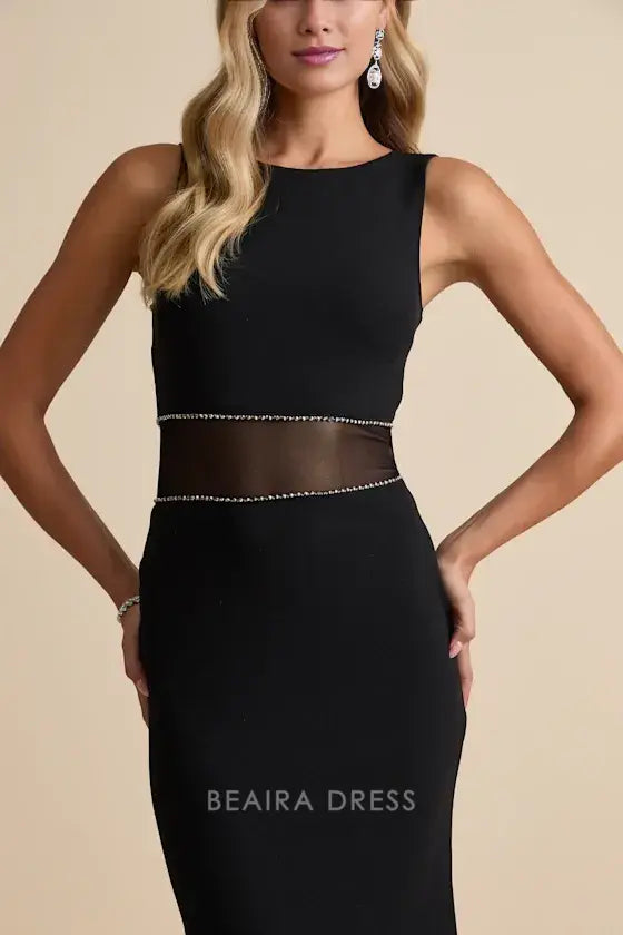 Gorgeous for women Black Sleeveless Crew Neck Sheer Mesh Rhinestone-Accent Fitted Mermaid Maxi Dress Prom Dress