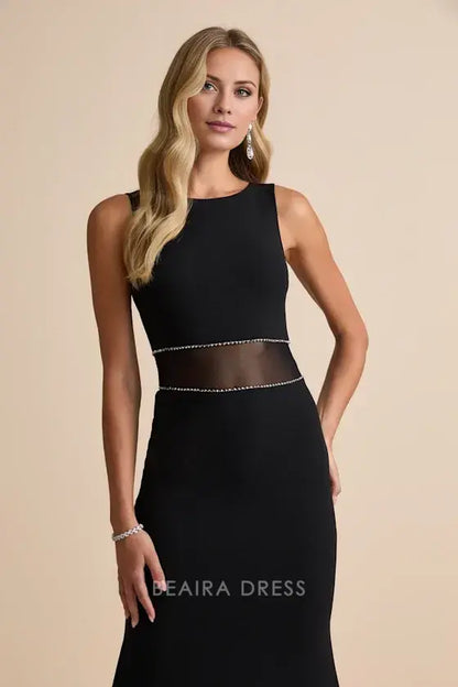 Gorgeous for women Black Sleeveless Crew Neck Sheer Mesh Rhinestone-Accent Fitted Mermaid Maxi Dress Prom Dress