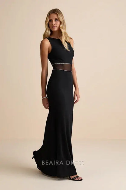Gorgeous for women Black Sleeveless Crew Neck Sheer Mesh Rhinestone-Accent Fitted Mermaid Maxi Dress Prom Dress