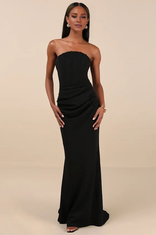 Gorgeous for women Black Strapless Ruched Open Back Mermaid Maxi Dress Prom Dress