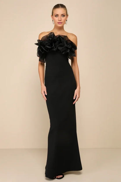 Gorgeous for women Black Strapless Ruffled Flounce Fitted Mermaid Maxi Dress Prom Dress
