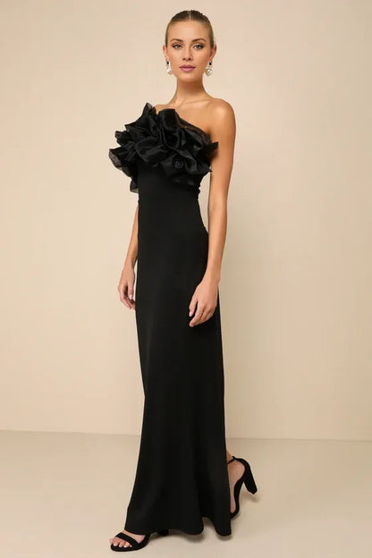 Gorgeous for women Black Strapless Ruffled Flounce Fitted Mermaid Maxi Dress Prom Dress