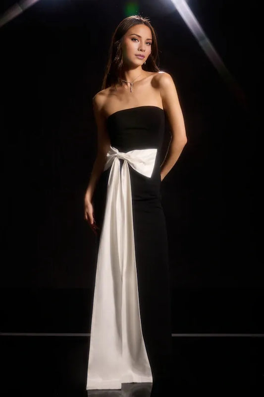 Gorgeous for women Black White Strapless Contrast Large Bow High Slit Fitted Floor-Length Prom Dress