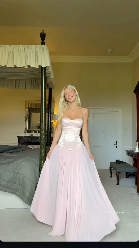 Gorgeous for women Blush Pink Satin & Chiffon Spaghetti Strap Sweetheart Neck Lace-Up Back A-Line Maxi Dress Prom Dress