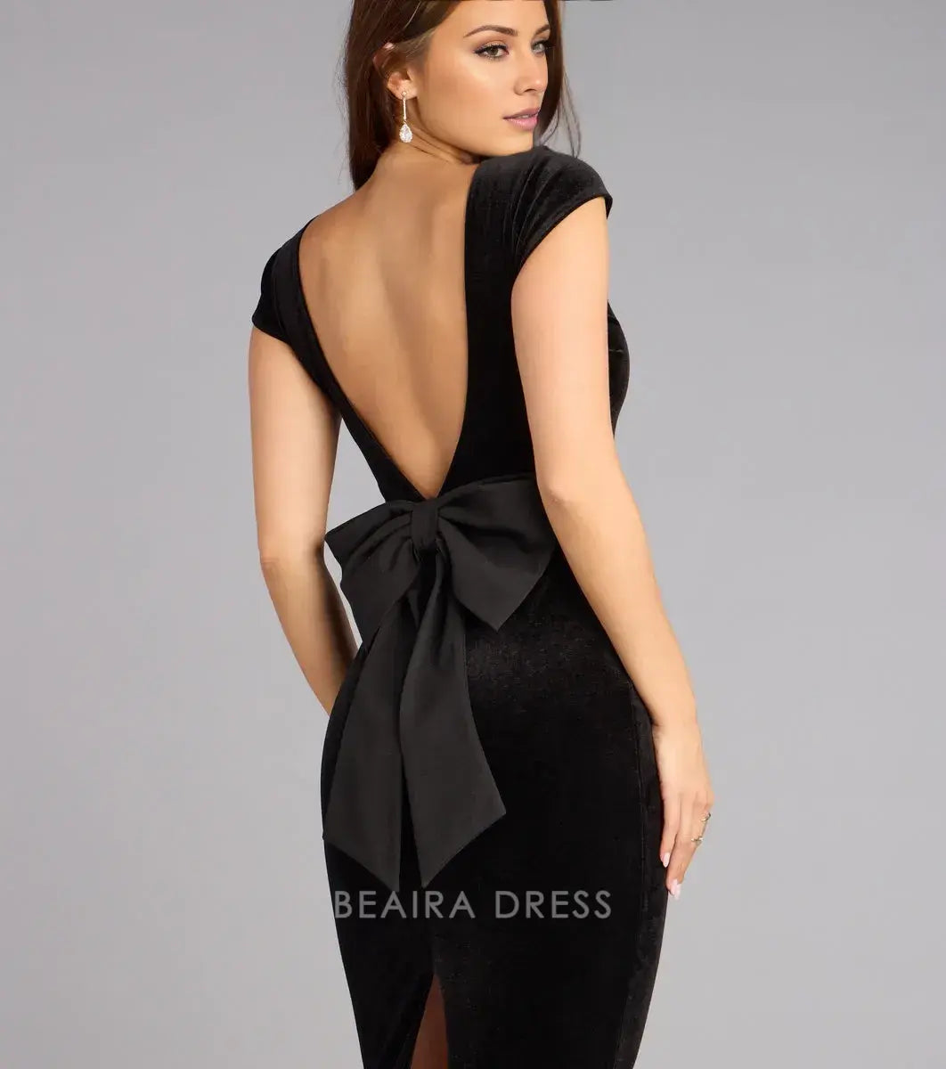 Gorgeous for women Boat Neck Backless Bow Detail Velvet Midi Dress Prom Dress