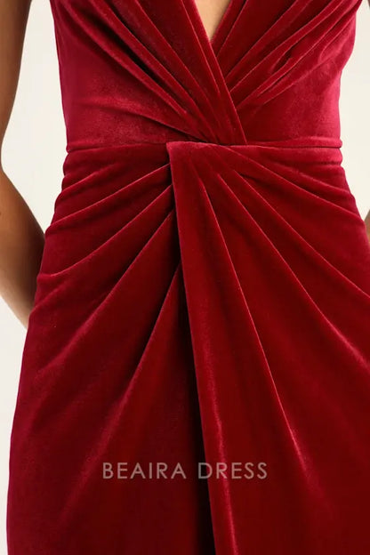 Gorgeous for women Burgundy Velvet Deep V-Neck Sleeveless Twist-Front High Slit Maxi Dress Prom Dress (Plus Size Available)