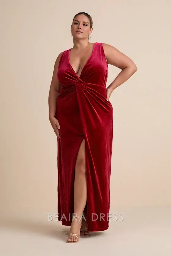 Gorgeous for women Burgundy Velvet Deep V-Neck Sleeveless Twist-Front High Slit Maxi Dress Prom Dress (Plus Size Available)