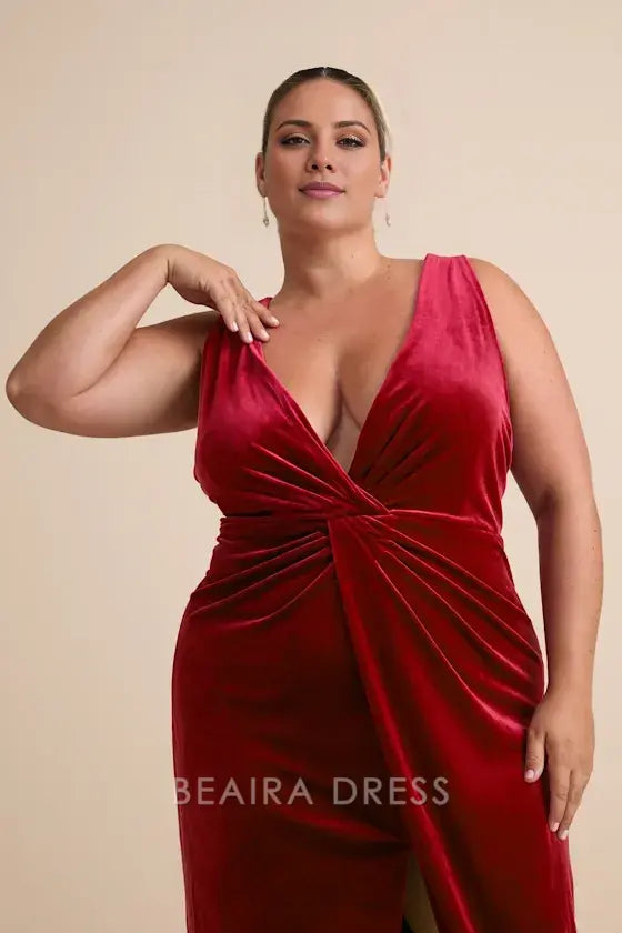 Gorgeous for women Burgundy Velvet Deep V-Neck Sleeveless Twist-Front High Slit Maxi Dress Prom Dress (Plus Size Available)
