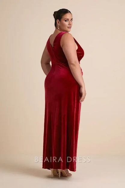 Gorgeous for women Burgundy Velvet Deep V-Neck Sleeveless Twist-Front High Slit Maxi Dress Prom Dress (Plus Size Available)