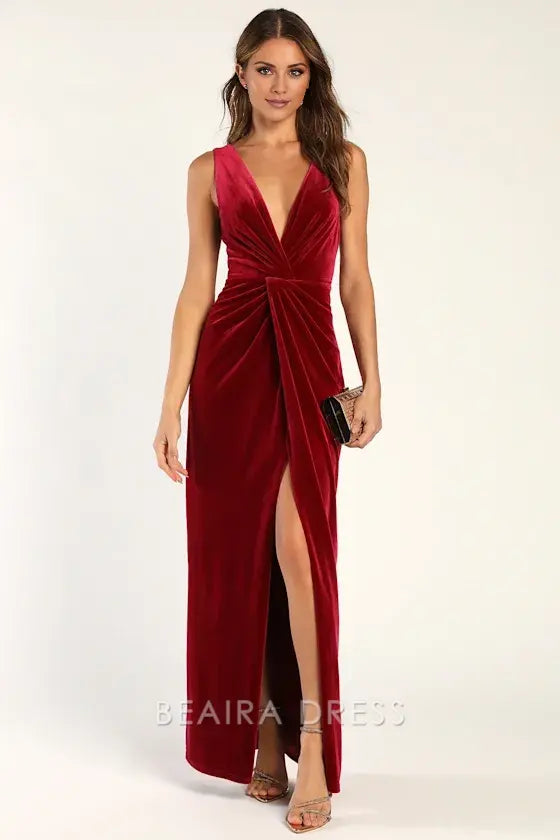 Gorgeous for women Burgundy Velvet Deep V-Neck Sleeveless Twist-Front High Slit Maxi Dress Prom Dress (Plus Size Available)