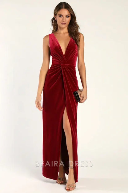 Gorgeous for women Burgundy Velvet Deep V-Neck Sleeveless Twist-Front High Slit Maxi Dress Prom Dress (Plus Size Available)