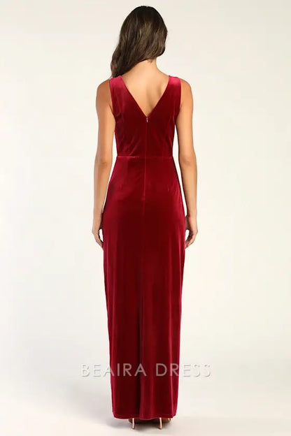 Gorgeous for women Burgundy Velvet Deep V-Neck Sleeveless Twist-Front High Slit Maxi Dress Prom Dress (Plus Size Available)