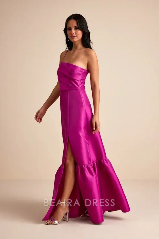 Gorgeous for women Fuchsia Pink Satin One-Shoulder Thin Strap Ruched Bodice Ruffled Flounce Hem High Slit Maxi Dress Prom Dress