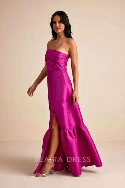 Gorgeous for women Fuchsia Pink Satin One-Shoulder Thin Strap Ruched Bodice Ruffled Flounce Hem High Slit Maxi Dress Prom Dress