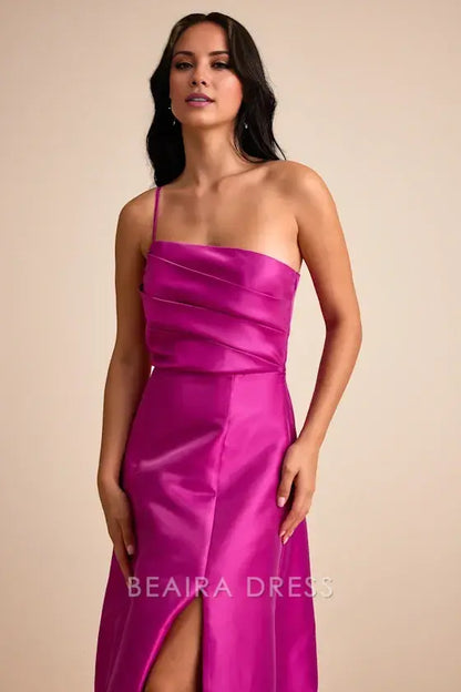 Gorgeous for women Fuchsia Pink Satin One-Shoulder Thin Strap Ruched Bodice Ruffled Flounce Hem High Slit Maxi Dress Prom Dress