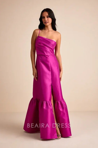 Gorgeous for women Fuchsia Pink Satin One-Shoulder Thin Strap Ruched Bodice Ruffled Flounce Hem High Slit Maxi Dress Prom Dress