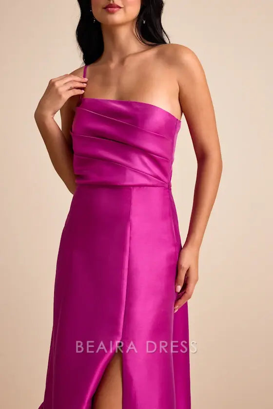 Gorgeous for women Fuchsia Pink Satin One-Shoulder Thin Strap Ruched Bodice Ruffled Flounce Hem High Slit Maxi Dress Prom Dress