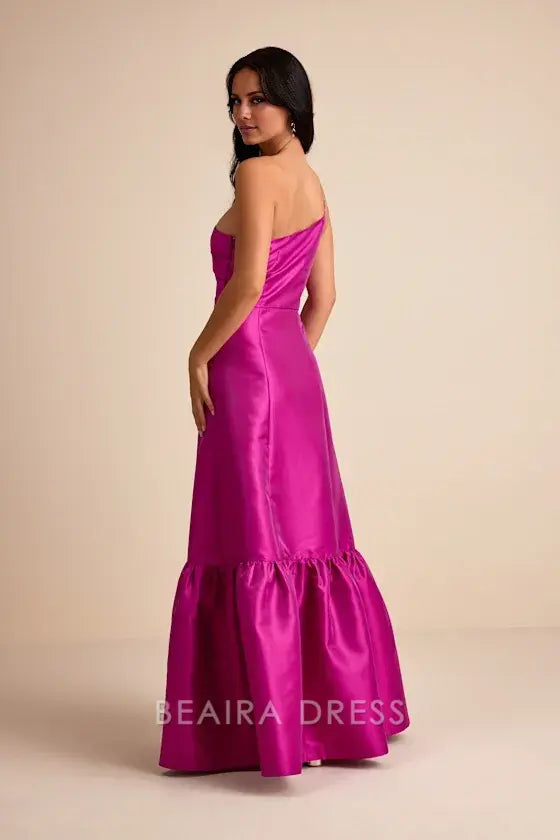 Gorgeous for women Fuchsia Pink Satin One-Shoulder Thin Strap Ruched Bodice Ruffled Flounce Hem High Slit Maxi Dress Prom Dress