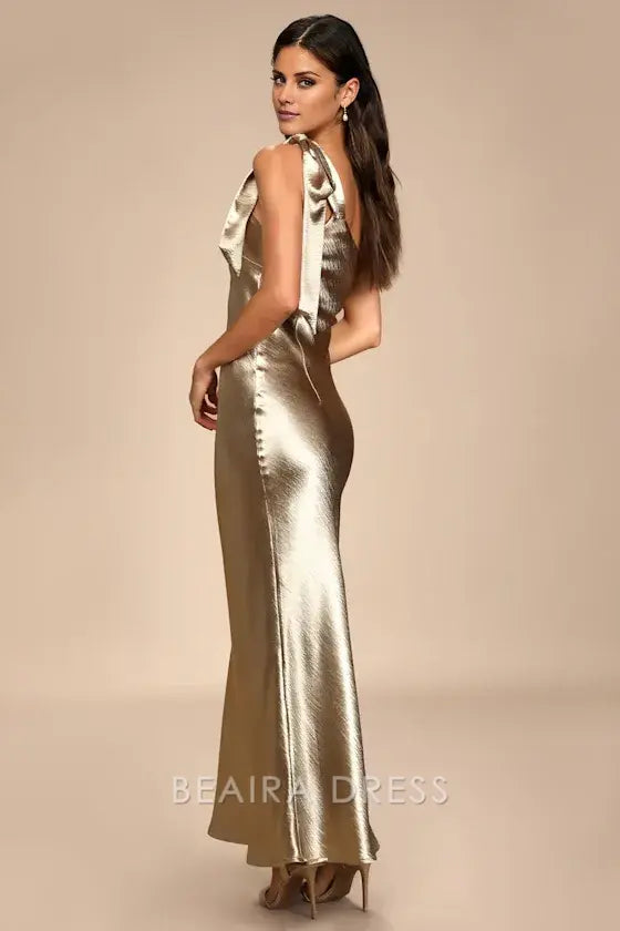 Gorgeous for women Gold Metallic Satin One-Shoulder Self-Tie Accent Fitted Floor-Length Maxi Dress Prom Dress