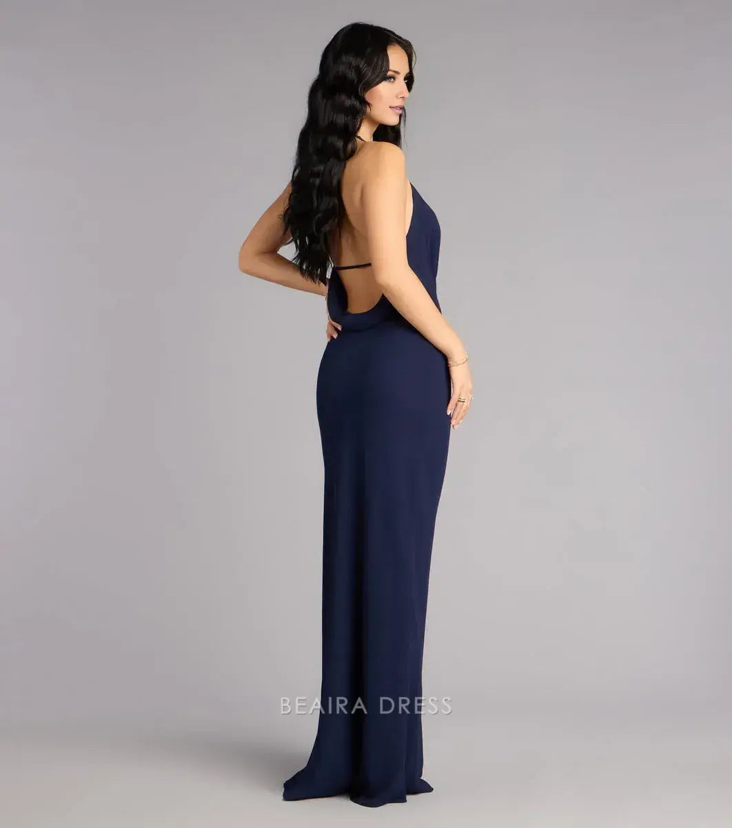 Gorgeous for women Halter Neck Plunging V-Neck Open Back Sheath Maxi Dress Prom Dress