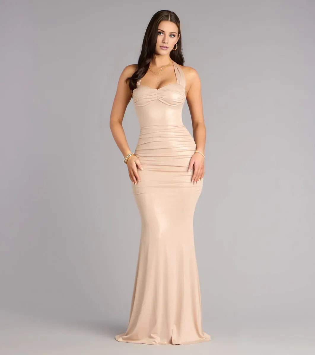 Gorgeous for women Halter Neck Ruched Bodycon Mermaid Maxi Dress Prom Dress