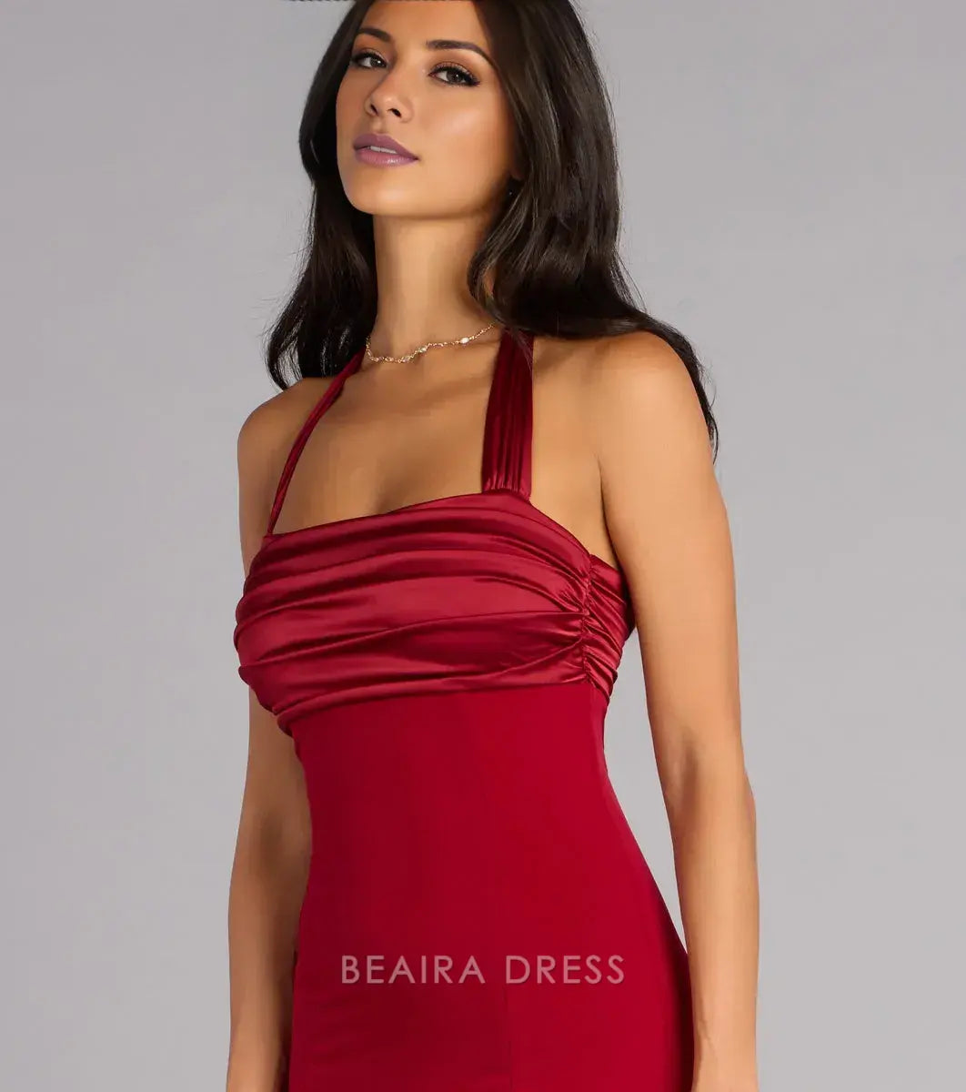 Gorgeous for women Halter Neck Ruched Satin Mermaid Maxi Dress Prom Dress