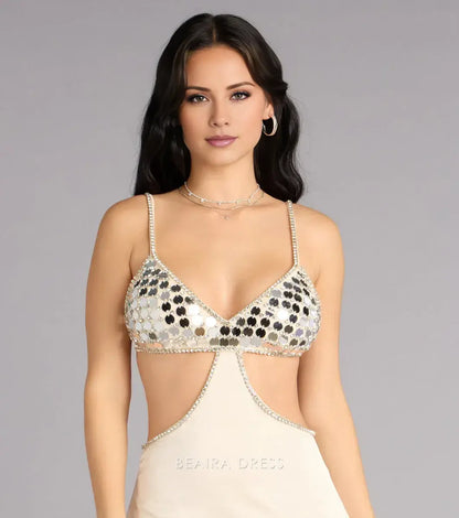 Gorgeous for women Halter Neck Sequin Cutout Satin Maxi Dress Prom Dress