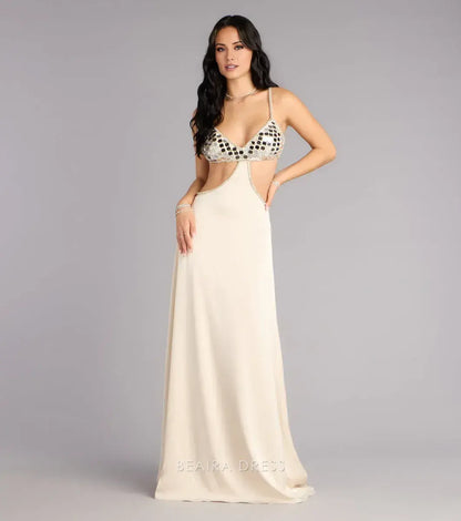 Gorgeous for women Halter Neck Sequin Cutout Satin Maxi Dress Prom Dress