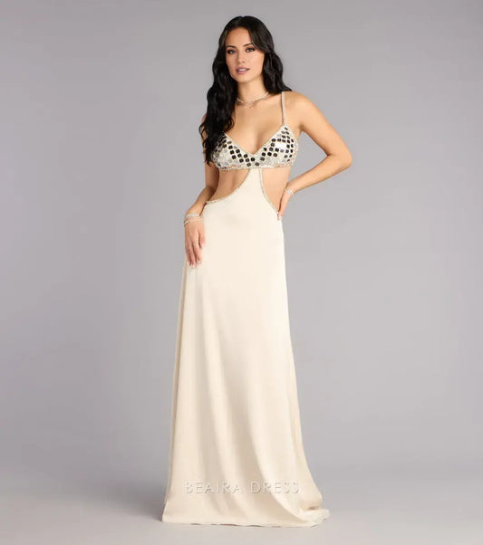 Gorgeous for women Halter Neck Sequin Cutout Satin Maxi Dress Prom Dress