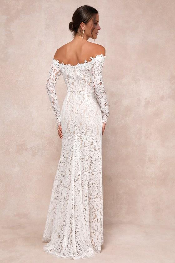 Gorgeous for women Ivory/White Lace Off-the-Shoulder Long Sleeve Fitted Mermaid Wedding Gown Prom Dress (Plus Size Available)