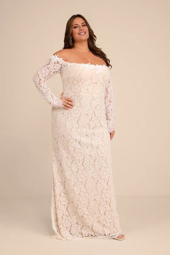 Gorgeous for women Ivory/White Lace Off-the-Shoulder Long Sleeve Fitted Mermaid Wedding Gown Prom Dress (Plus Size Available)