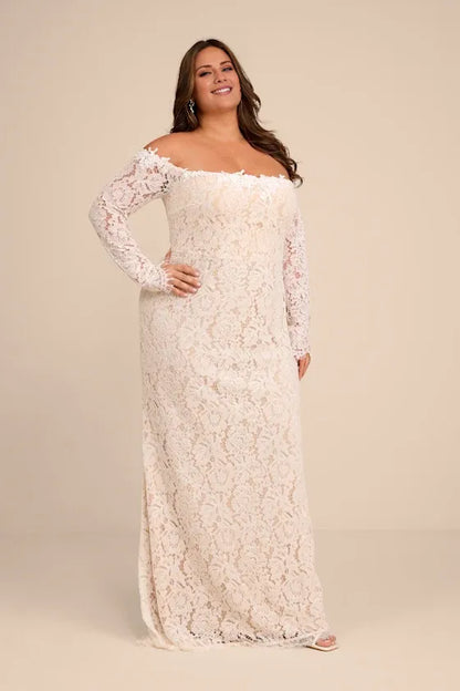 Gorgeous for women Ivory/White Lace Off-the-Shoulder Long Sleeve Fitted Mermaid Wedding Gown Prom Dress (Plus Size Available)