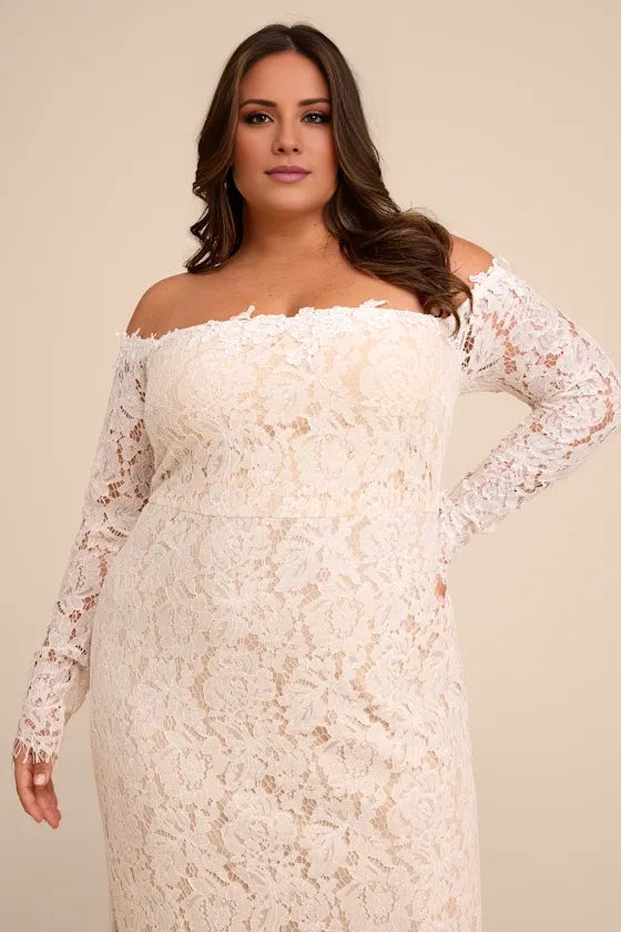 Gorgeous for women Ivory/White Lace Off-the-Shoulder Long Sleeve Fitted Mermaid Wedding Gown Prom Dress (Plus Size Available)