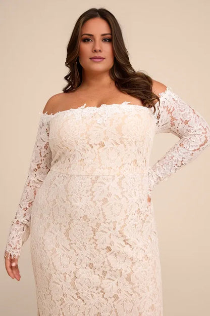 Gorgeous for women Ivory/White Lace Off-the-Shoulder Long Sleeve Fitted Mermaid Wedding Gown Prom Dress (Plus Size Available)