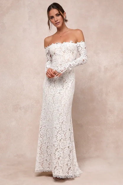 Gorgeous for women Ivory/White Lace Off-the-Shoulder Long Sleeve Fitted Mermaid Wedding Gown Prom Dress (Plus Size Available)