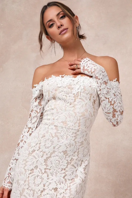 Gorgeous for women Ivory/White Lace Off-the-Shoulder Long Sleeve Fitted Mermaid Wedding Gown Prom Dress (Plus Size Available)