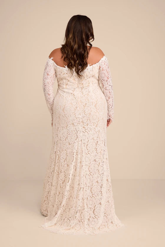 Gorgeous for women Ivory/White Lace Off-the-Shoulder Long Sleeve Fitted Mermaid Wedding Gown Prom Dress (Plus Size Available)