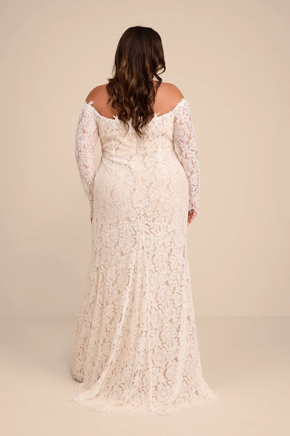Gorgeous for women Ivory/White Lace Off-the-Shoulder Long Sleeve Fitted Mermaid Wedding Gown Prom Dress (Plus Size Available)