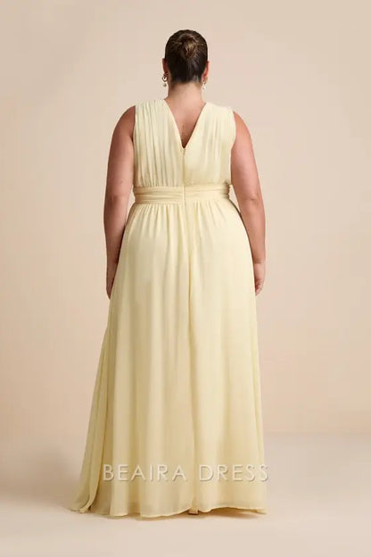 Gorgeous for women Lemon Yellow Chiffon V-Neck Sleeveless Ruched Waist High Slit A-Line Maxi Dress Prom Dress (Plus Size Available)