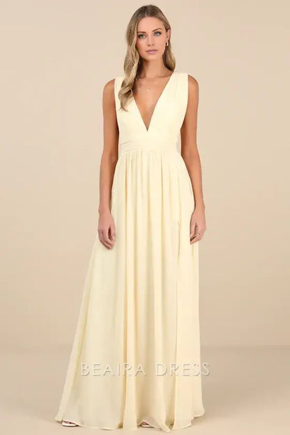 Gorgeous for women Lemon Yellow Chiffon V-Neck Sleeveless Ruched Waist High Slit A-Line Maxi Dress Prom Dress (Plus Size Available)
