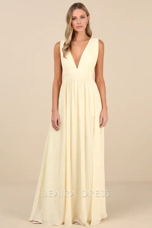 Gorgeous for women Lemon Yellow Chiffon V-Neck Sleeveless Ruched Waist High Slit A-Line Maxi Dress Prom Dress (Plus Size Available)
