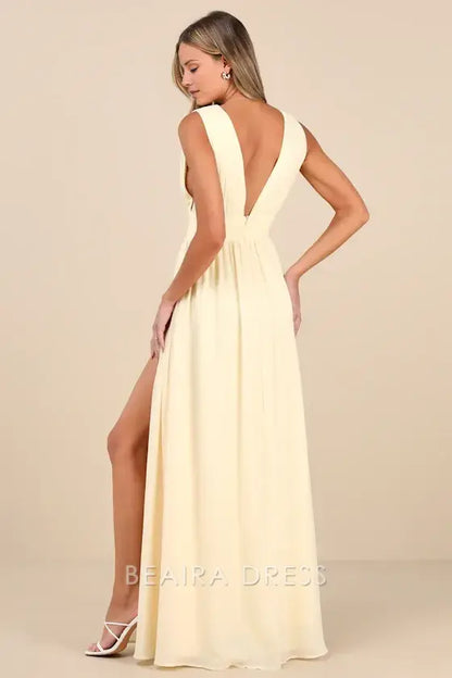 Gorgeous for women Lemon Yellow Chiffon V-Neck Sleeveless Ruched Waist High Slit A-Line Maxi Dress Prom Dress (Plus Size Available)