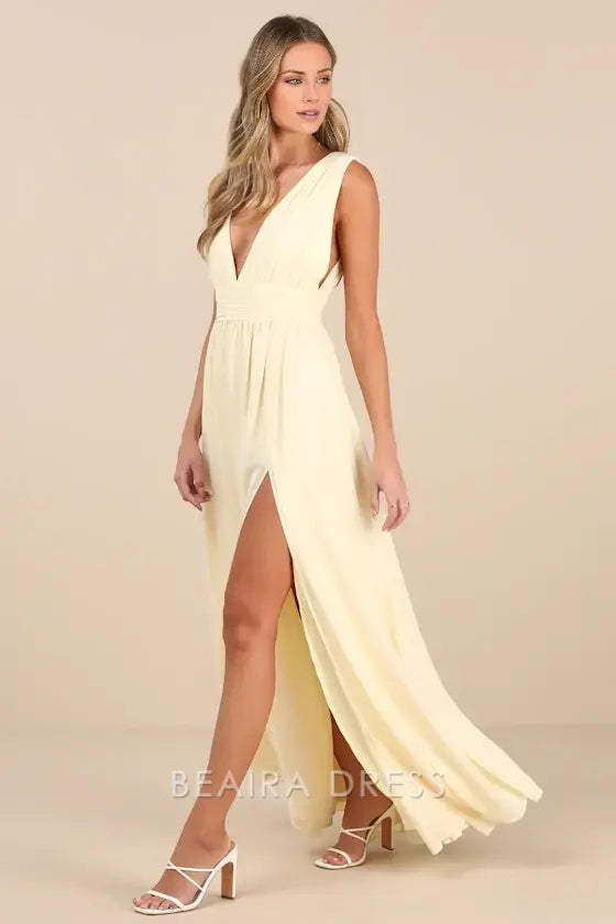 Gorgeous for women Lemon Yellow Chiffon V-Neck Sleeveless Ruched Waist High Slit A-Line Maxi Dress Prom Dress (Plus Size Available)