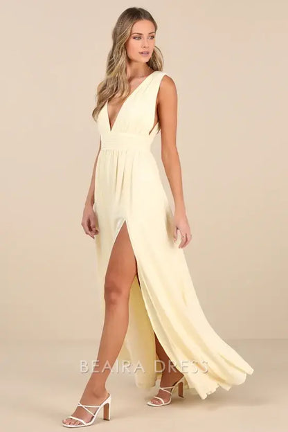 Gorgeous for women Lemon Yellow Chiffon V-Neck Sleeveless Ruched Waist High Slit A-Line Maxi Dress Prom Dress (Plus Size Available)