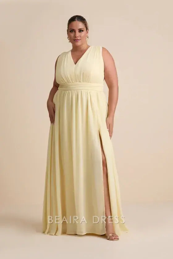 Gorgeous for women Lemon Yellow Chiffon V-Neck Sleeveless Ruched Waist High Slit A-Line Maxi Dress Prom Dress (Plus Size Available)